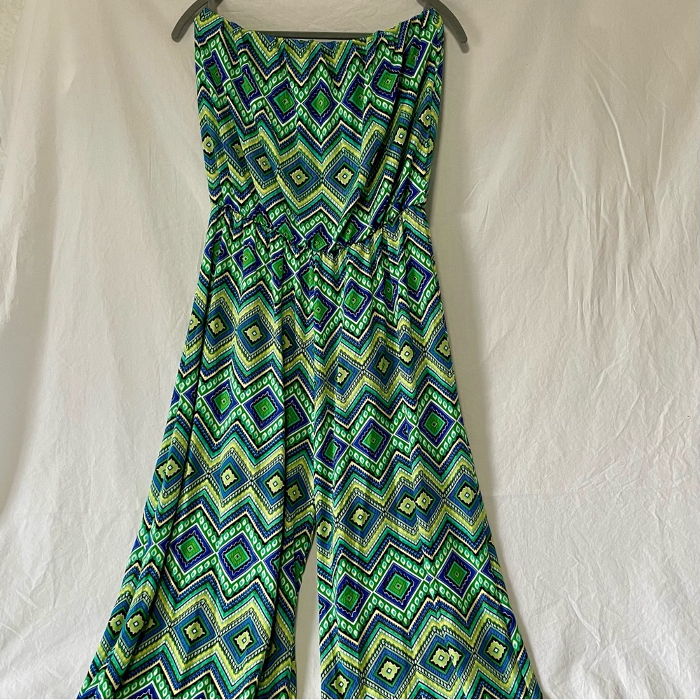Espresso Strapless Wide Leg Jumpsuit with Geometric Design, Sz XL